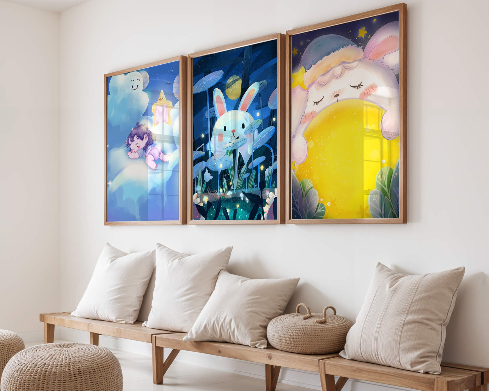 Illustrations de lapin et d'enfant dans un environnement nocturne