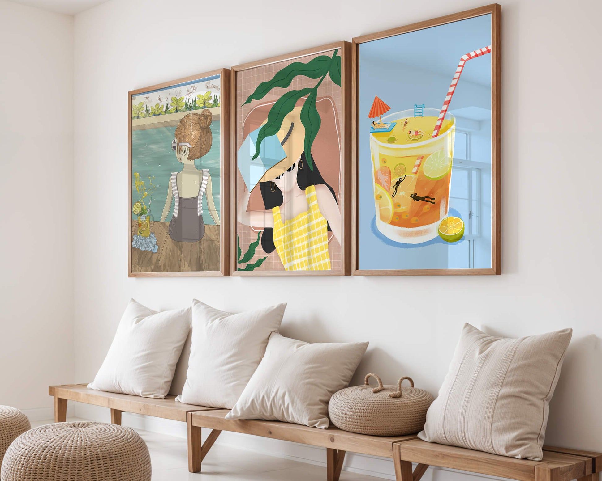 Conjunto De Tres Ilustraciones Modernas Con Temática De Playa En Marcos De Madera