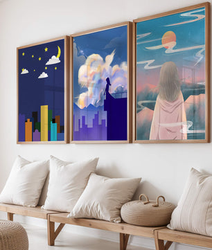 Ensemble de trois tableaux modernes avec des paysages imaginaires