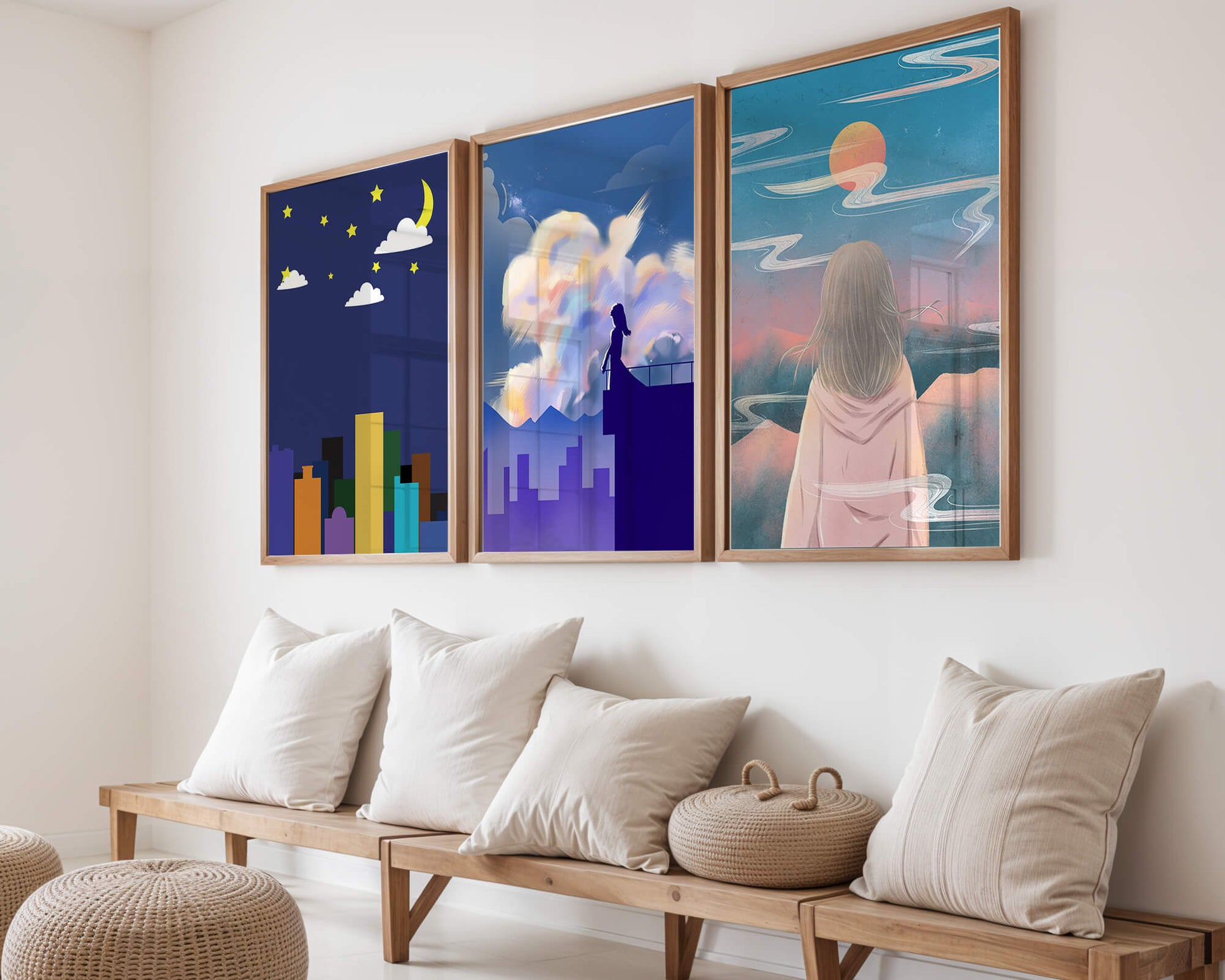 Ensemble de trois tableaux modernes avec des paysages imaginaires