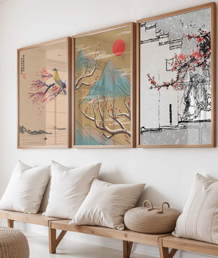 Tríptico Estilo Japonés con Pájaro, Paisaje de Montañas y Árbol en Flor