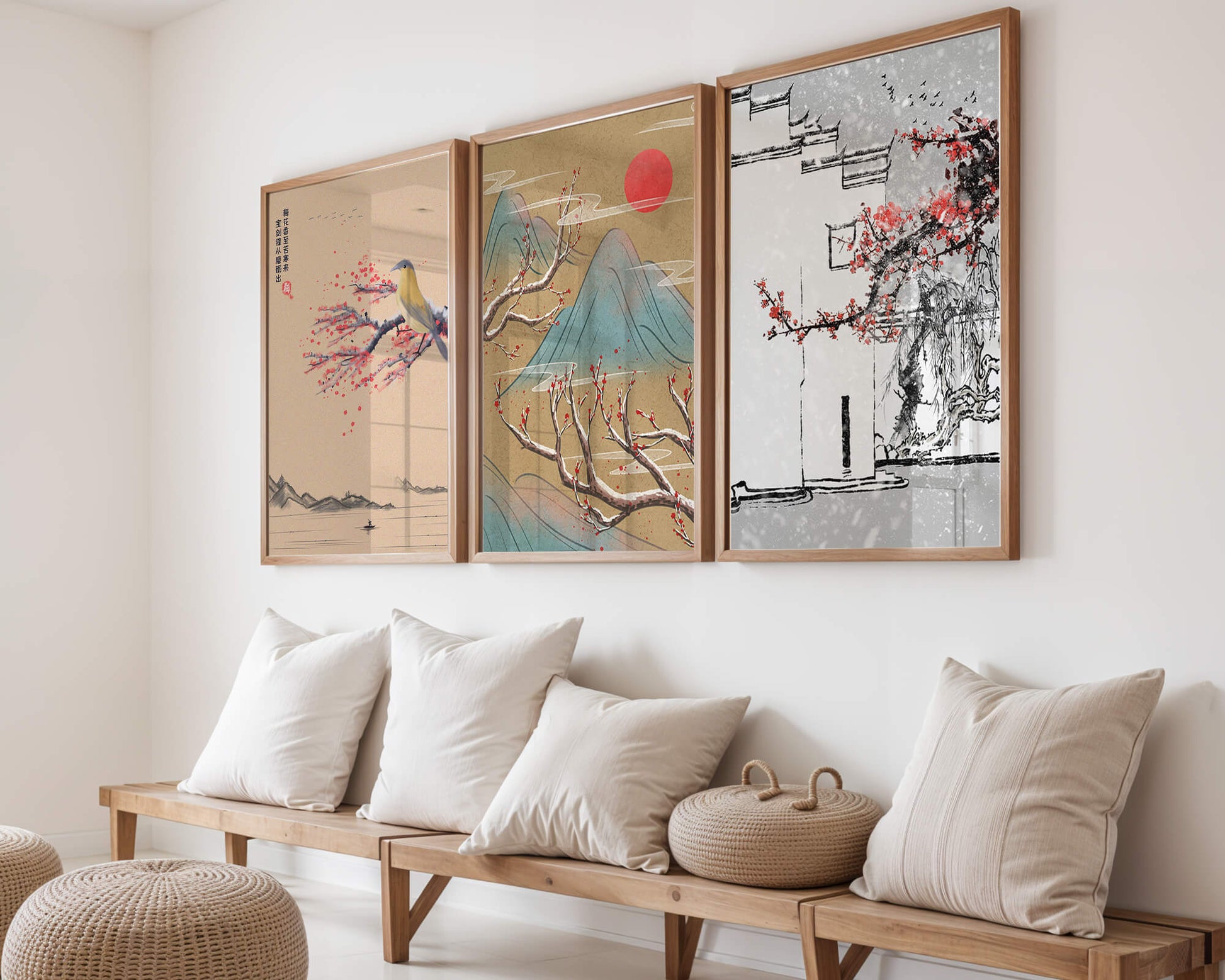 Tríptico Estilo Japonés con Pájaro, Paisaje de Montañas y Árbol en Flor
