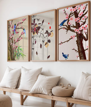 Dreier-Set mit Vogel- und Blumenmotiven im asiatischen Stil