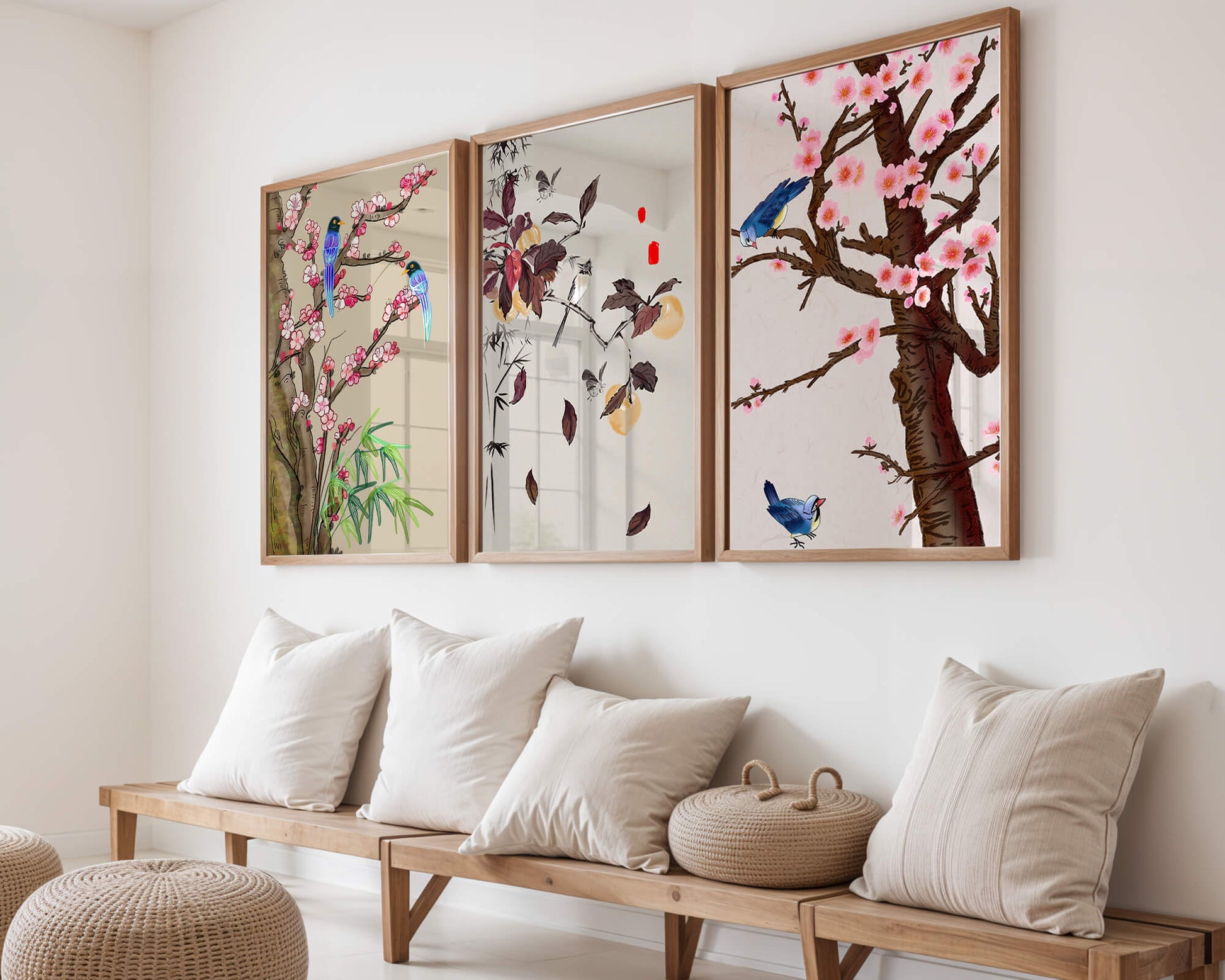 Dreier-Set mit Vogel- und Blumenmotiven im asiatischen Stil