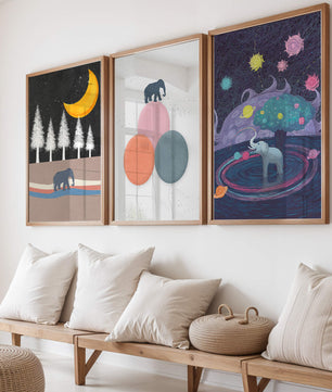 Triptyque d’illustrations avec des motifs d’éléphants et de paysages fantastiques