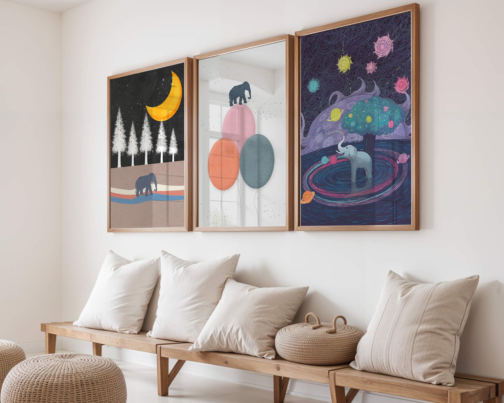 Tríptico de Ilustraciones con Motivos de Elefantes y Paisajes Fantásticos