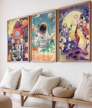 Bunte Weltraumszenen mit Astronautenfiguren und fantastischen Landschaften