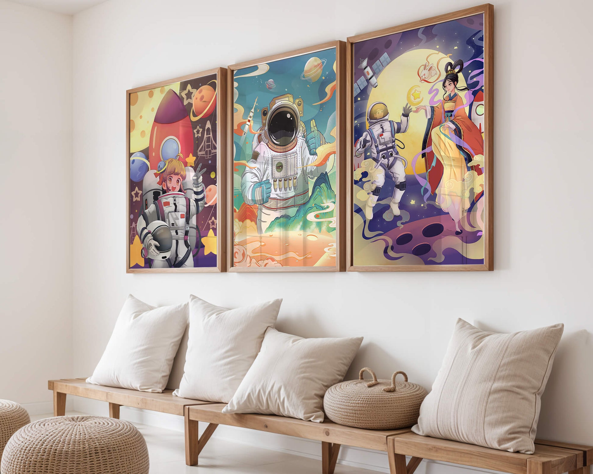 Bunte Weltraumszenen mit Astronautenfiguren und fantastischen Landschaften