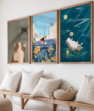 Triptyque d’Art avec Animaux et Paysages Illustrés