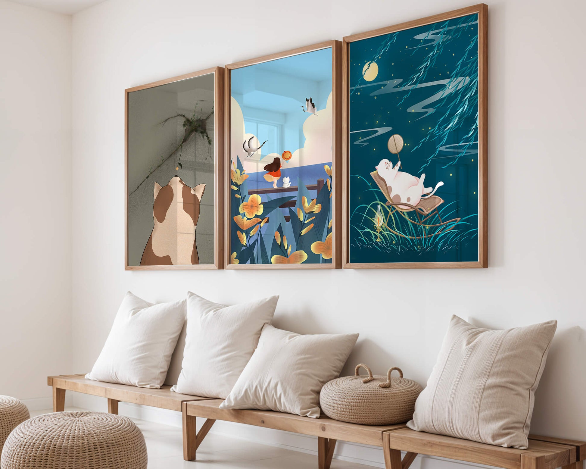 Tríptico de Arte con Animales y Paisajes Ilustrados