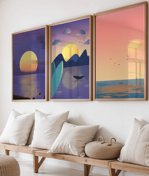 Minimale Sonnenuntergang-Landschaften in digitaler Kunst ohne Rahmen auf Holzboden