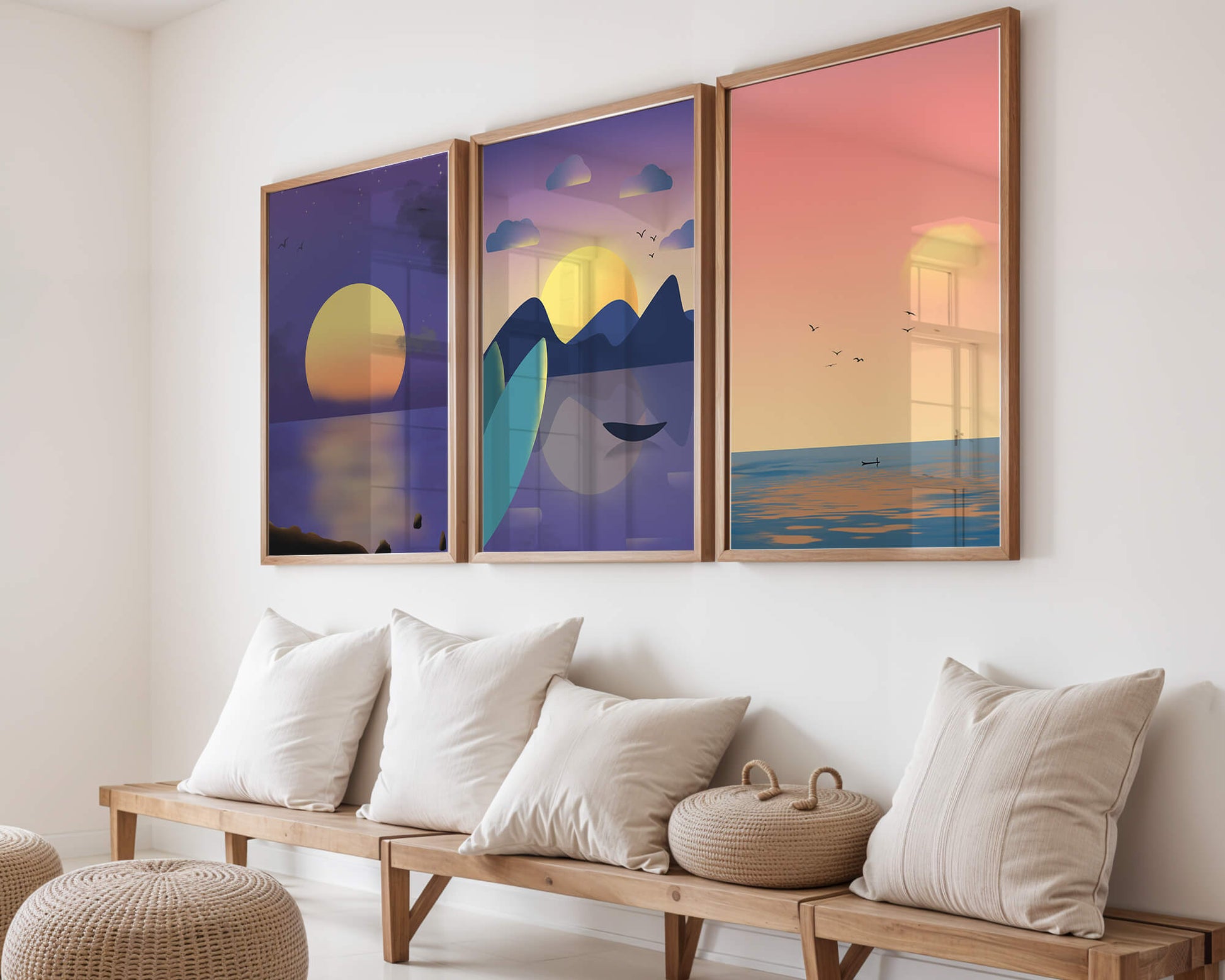 Minimale Sonnenuntergang-Landschaften in digitaler Kunst ohne Rahmen auf Holzboden