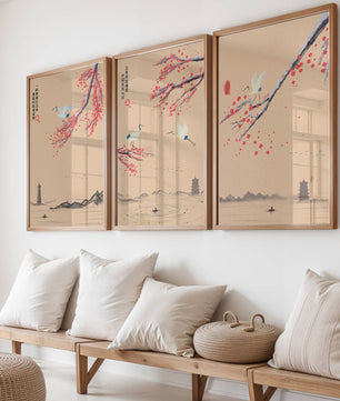 Ensemble d'art oriental avec grues et fleurs de cerisier