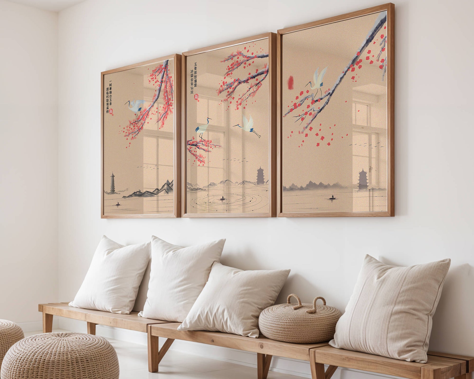 Conjunto De Arte Oriental Con Grullas Y Flores De Cerezo