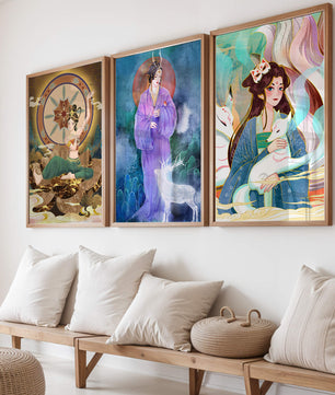 Art oriental avec figures mystiques en exposition sans cadre