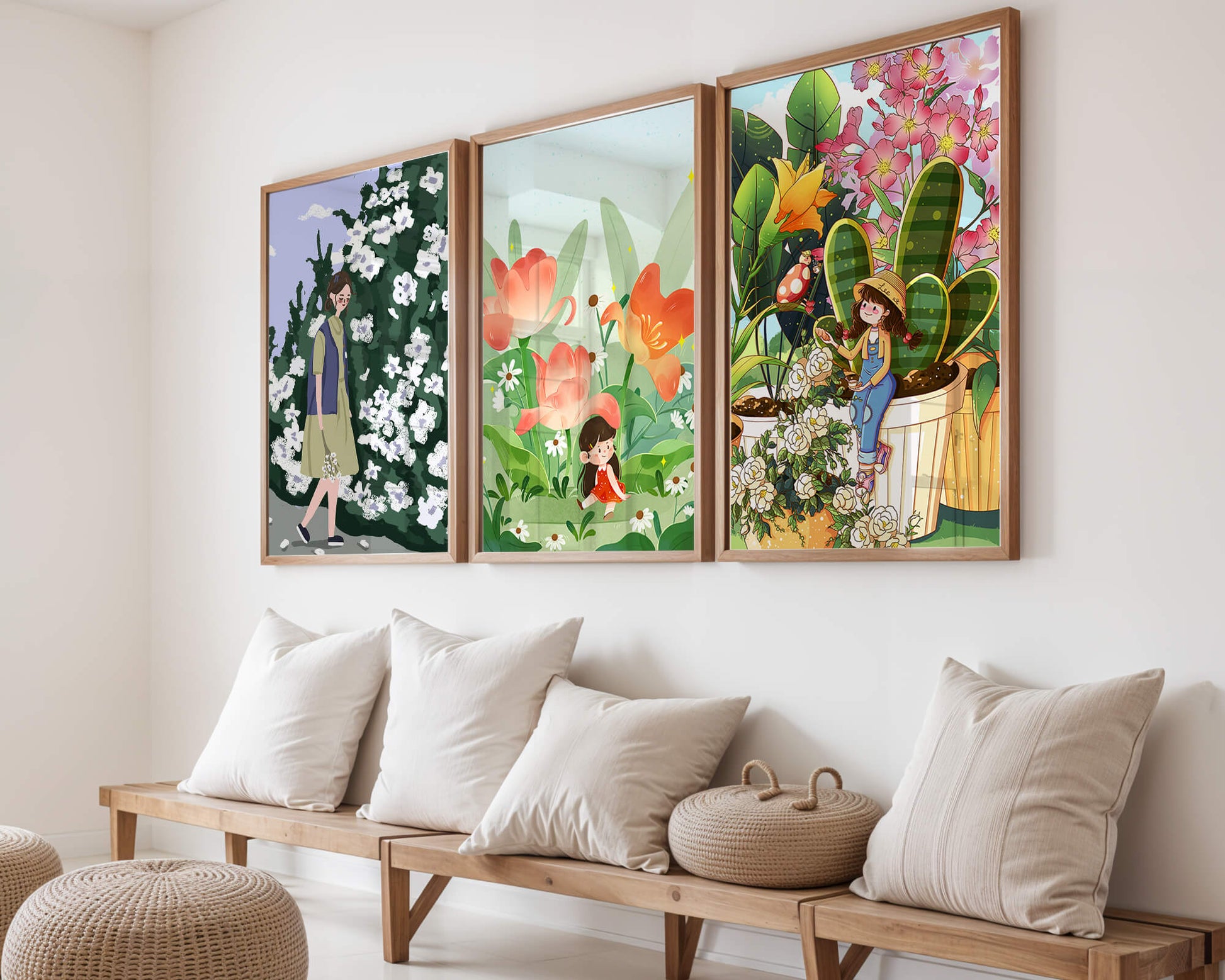 Tríptico de Ilustraciones Florales y Personajes