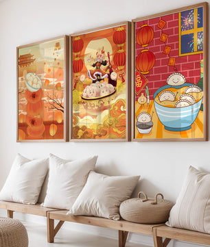 Illustrationen orientalischer Medien mit Festtagsmotiven und Kaninchen
