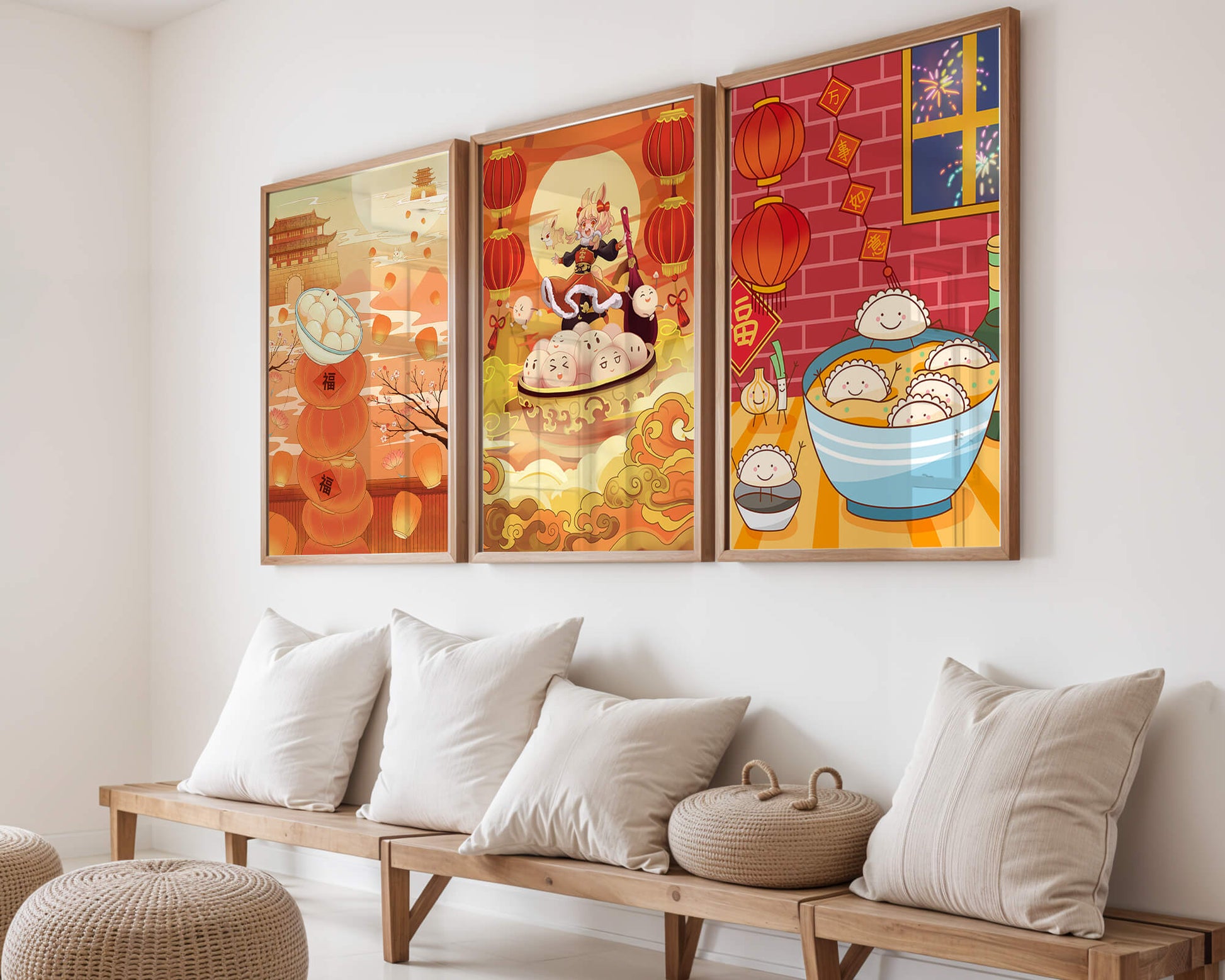 Illustrationen orientalischer Medien mit Festtagsmotiven und Kaninchen