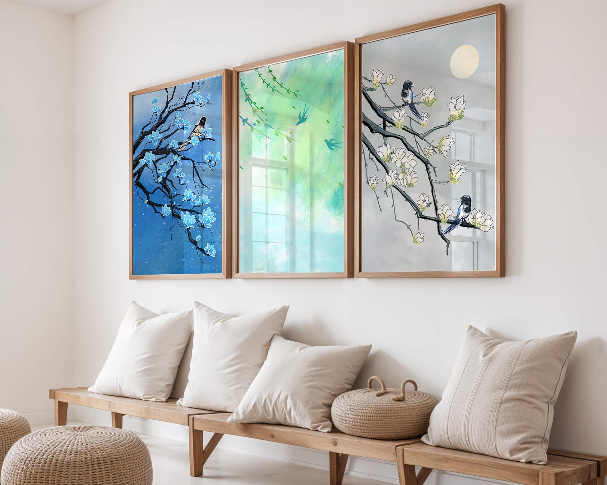 Tríptico Floral con Pájaros en Colores Suaves