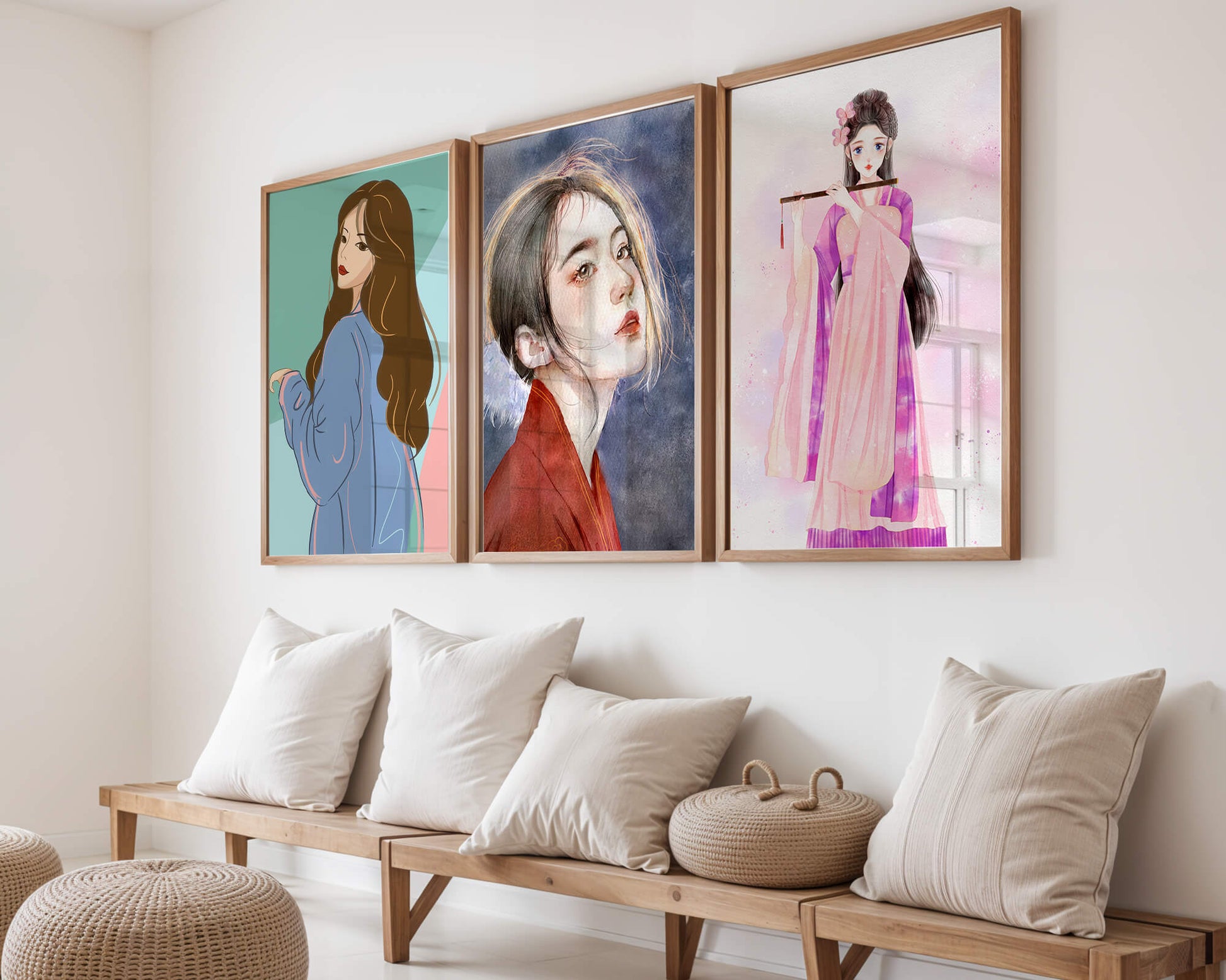 Tríptico de retratos femeninos en estilo moderno
