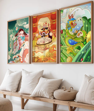 Tableaux pour enfants au style animé avec des personnages et des dragons