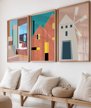 Œuvres d'art moderne avec design architectural dans un environnement minimaliste
