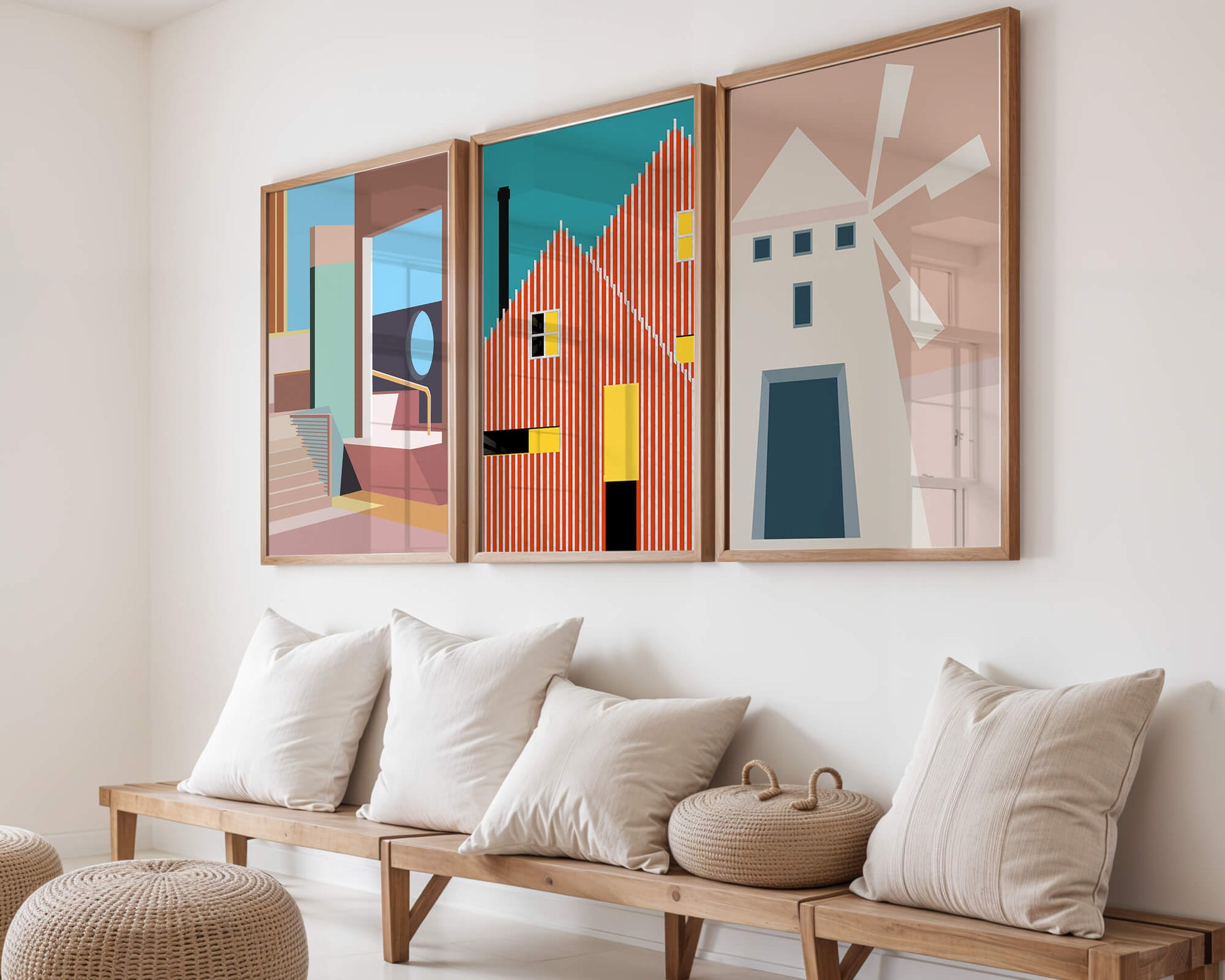 Œuvres d'art moderne avec design architectural dans un environnement minimaliste