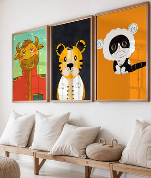 Arte de animales coloridos en estilo caricaturesco