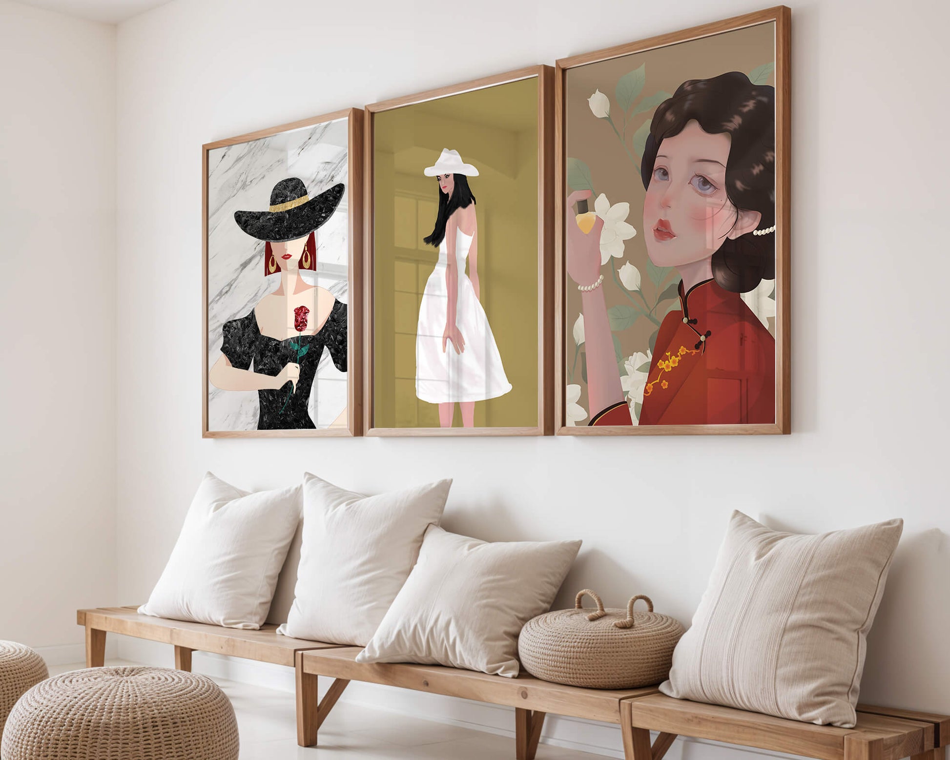 Pared Con Tres Lienzos de Mujeres en Sombreros Sin Marco