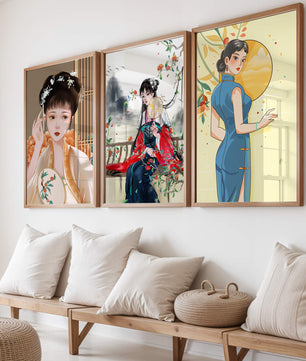 Art numérique avec motifs asiatiques et illustrations de femmes