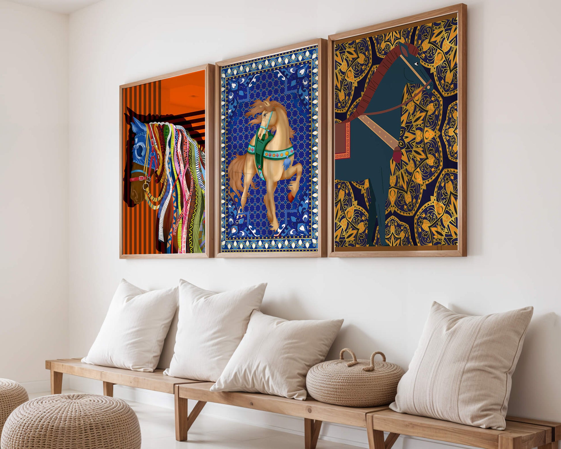 Mur avec trois tableaux de chevaux aux motifs colorés sans cadre
