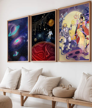 Triptyque d'art spatial avec astronautes en impression de haute qualité