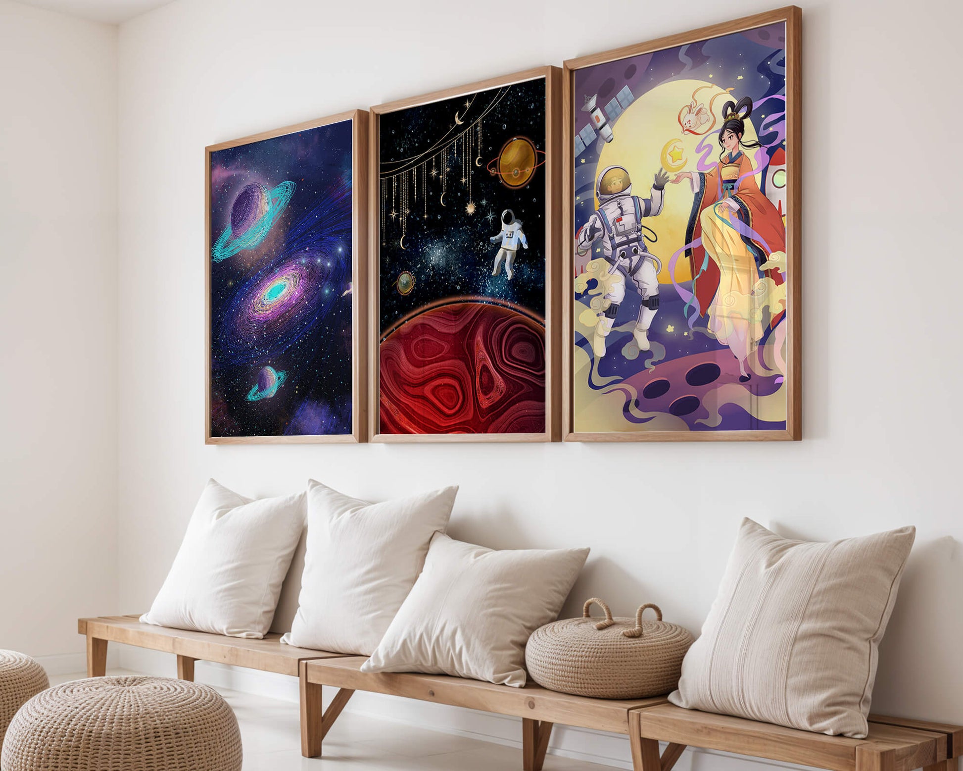 Tríptico De Arte Espacial Con Astronautas En Impresión De Alta Calidad