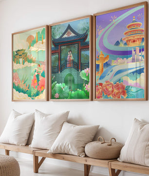 Asiatische Illustrationen mit floralen und architektonischen Elementen