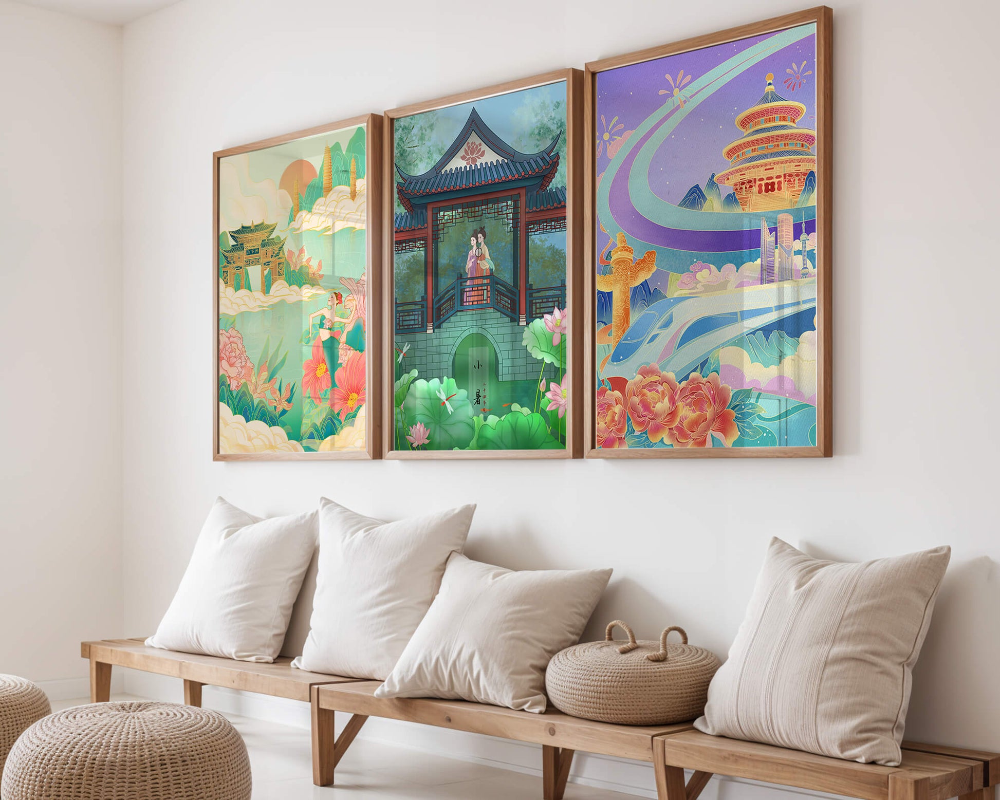 Asiatische Illustrationen mit floralen und architektonischen Elementen