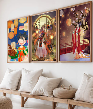 Art décoratif de style asiatique avec des lanternes et des personnages en vêtements traditionnels