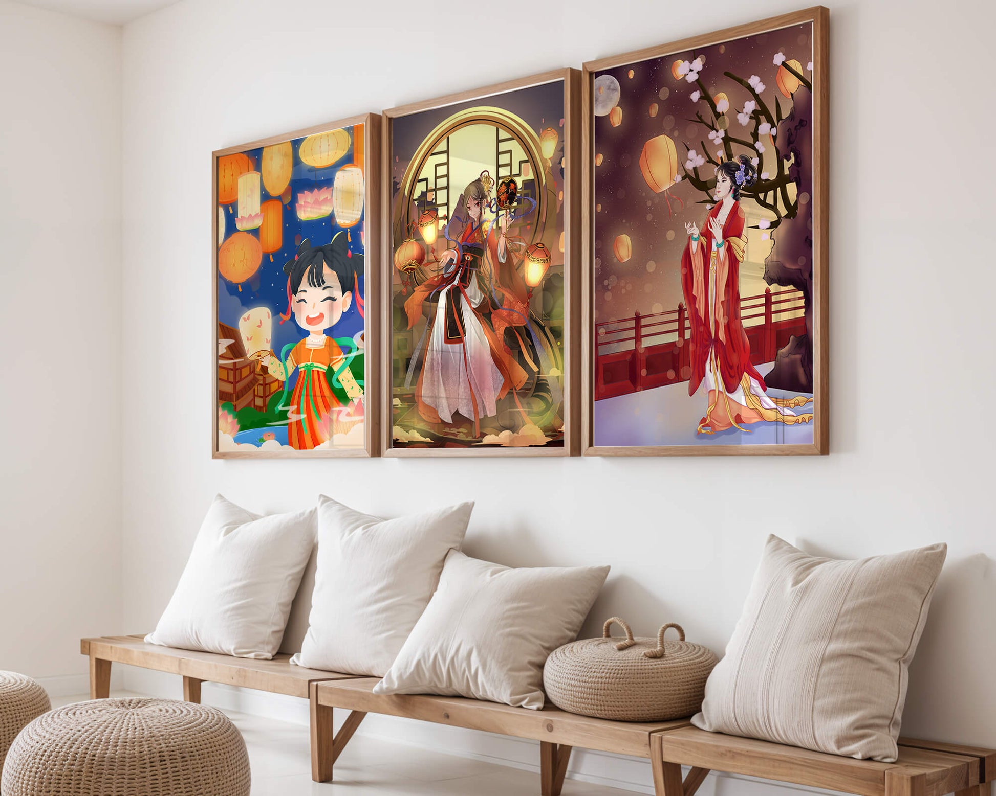 Art décoratif de style asiatique avec des lanternes et des personnages en vêtements traditionnels