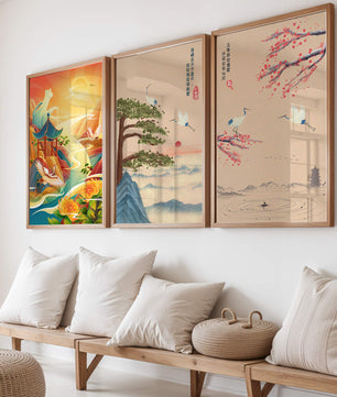Images de paysages orientaux avec des grues et des dragons