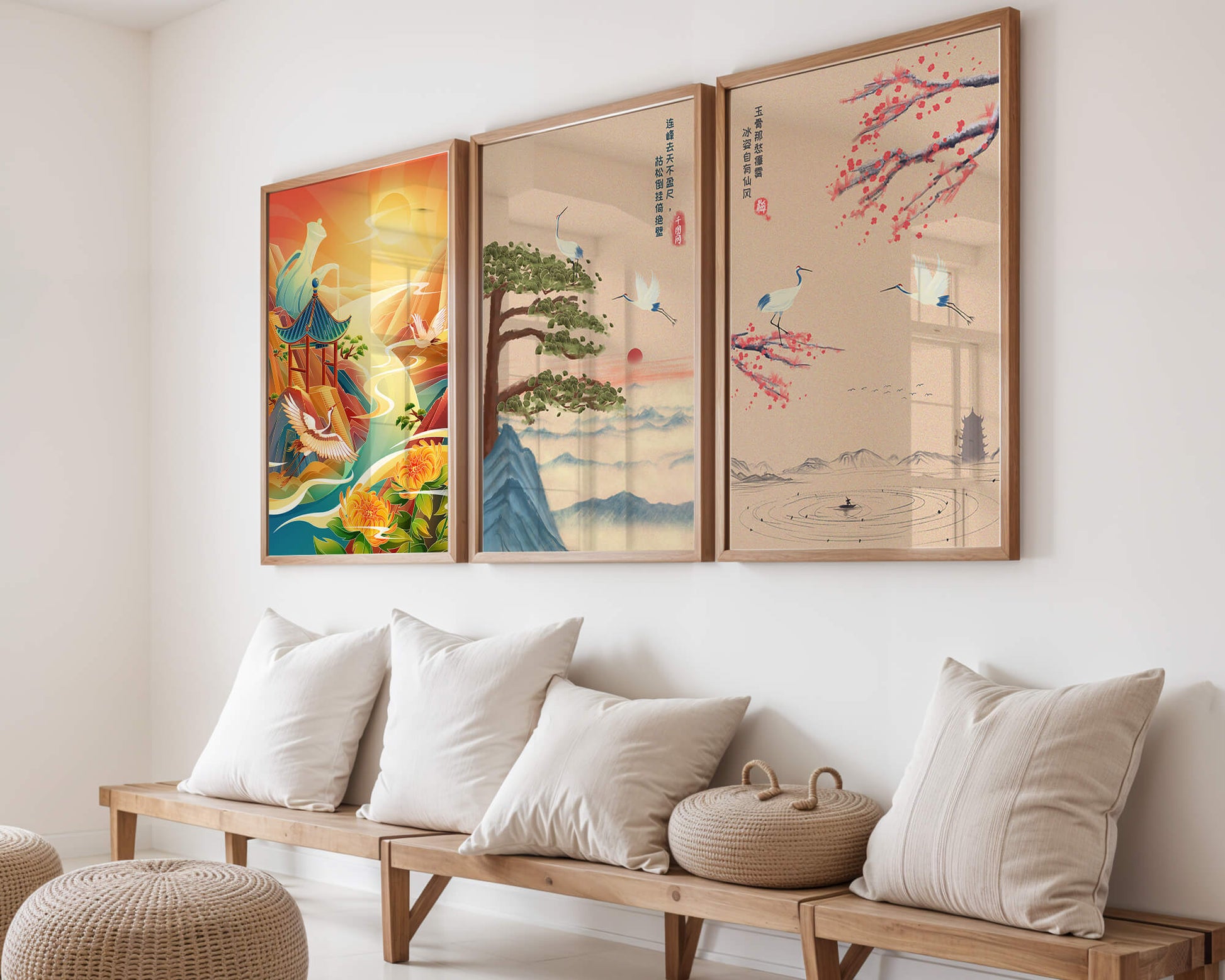 Images de paysages orientaux avec des grues et des dragons