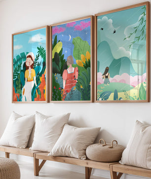 Ensemble de trois œuvres d'art colorées avec des paysages naturels et des figures humaines