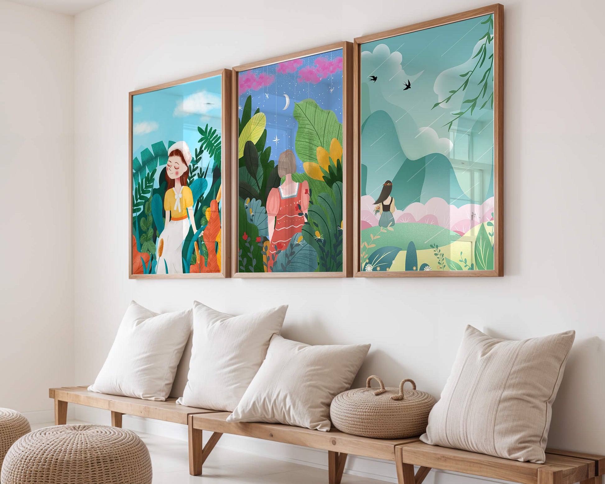 Conjunto De Tres Obras De Arte Coloridas Con Paisajes Naturales Y Figuras Humanas