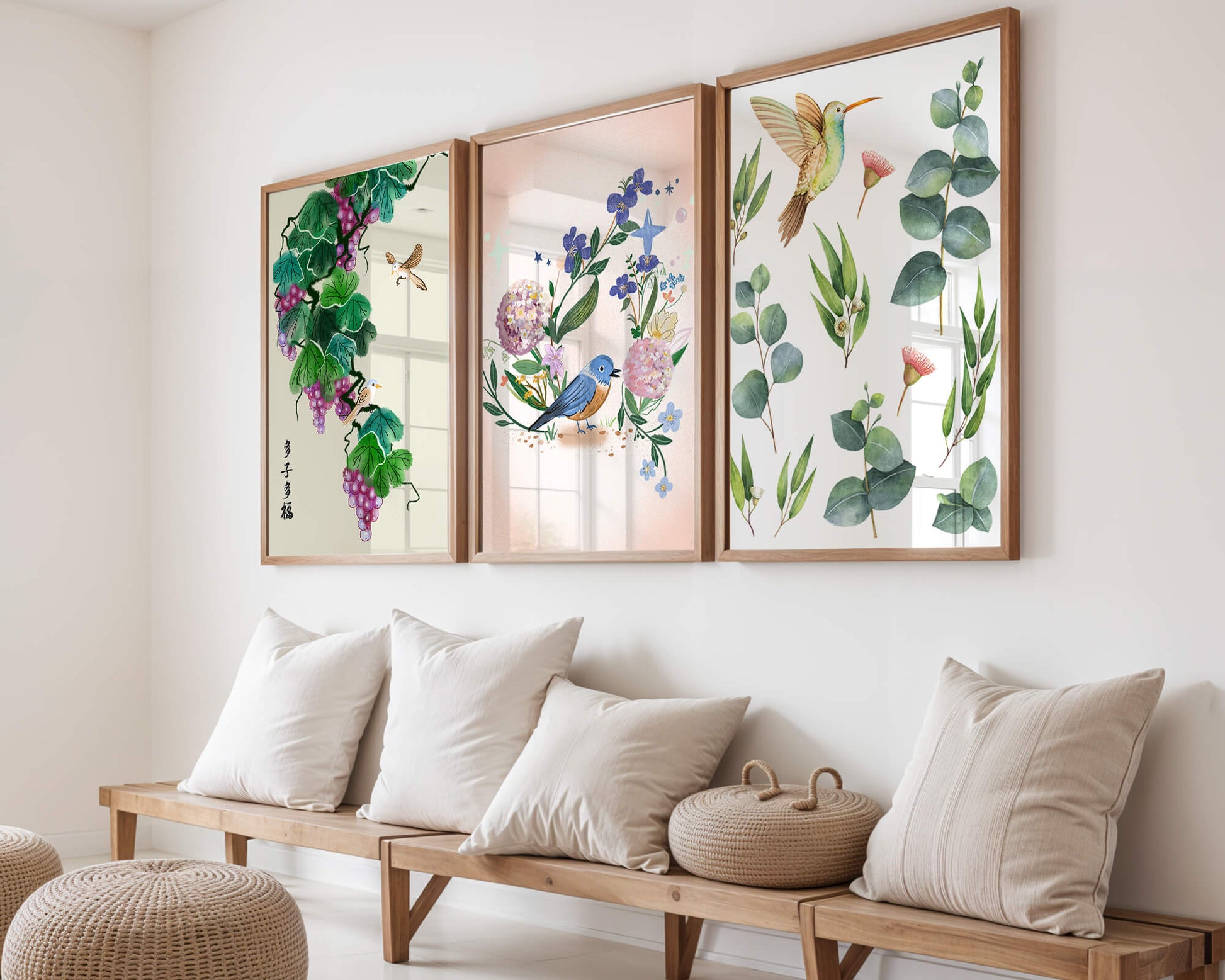 Ensemble de trois œuvres d'art avec des motifs naturels et des oiseaux