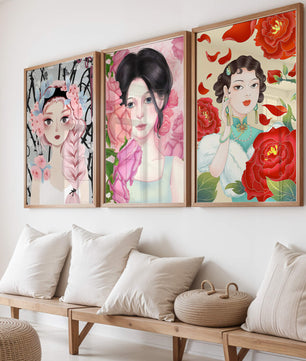 Ensemble de portraits féminins avec des fleurs dans un style artistique moderne
