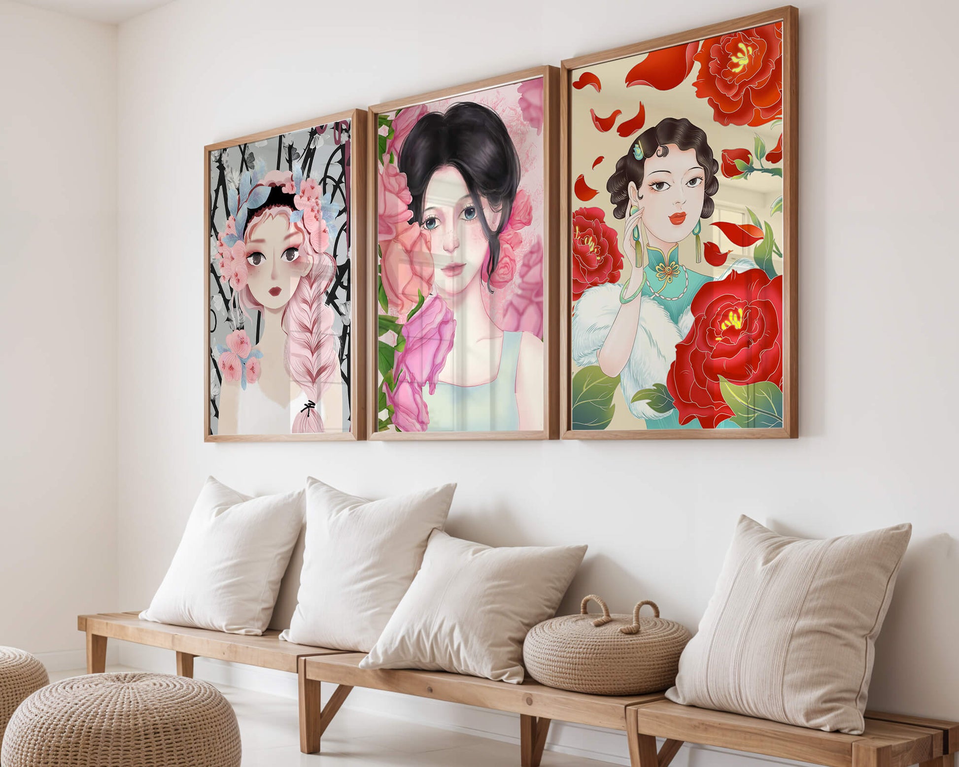 Ensemble de portraits féminins avec des fleurs dans un style artistique moderne