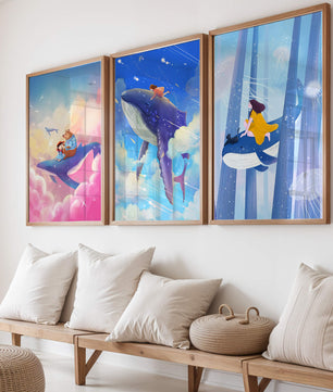 Tableaux fantastiques avec des baleines volantes pour décoration enfantine