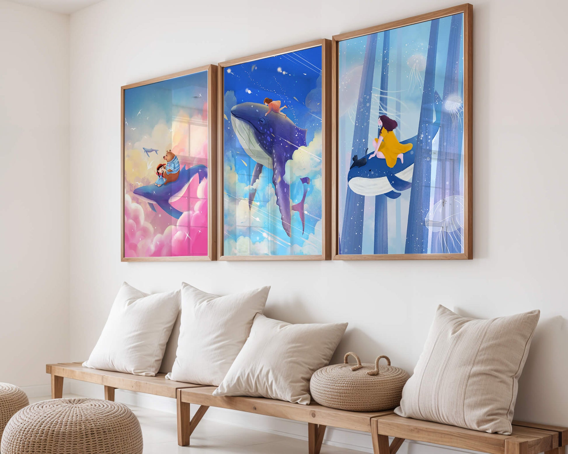 Tableaux fantastiques avec des baleines volantes pour décoration enfantine