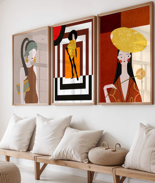 Conjunto De Ilustraciones Modernas Con Elementos Dorados En Pared Sin Marco