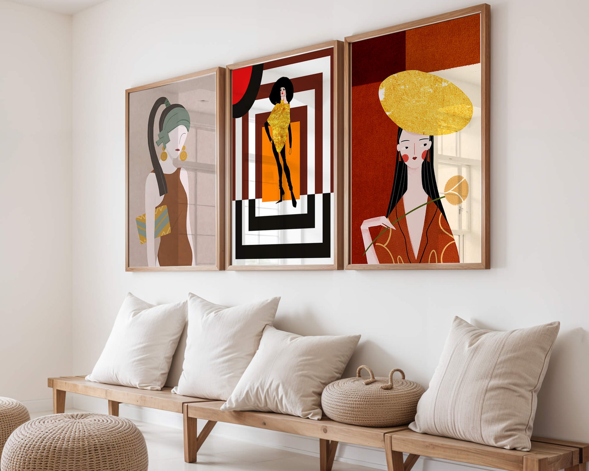 Conjunto De Ilustraciones Modernas Con Elementos Dorados En Pared Sin Marco