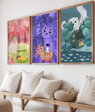 Triptyque d’illustrations de chats dans des paysages magiques