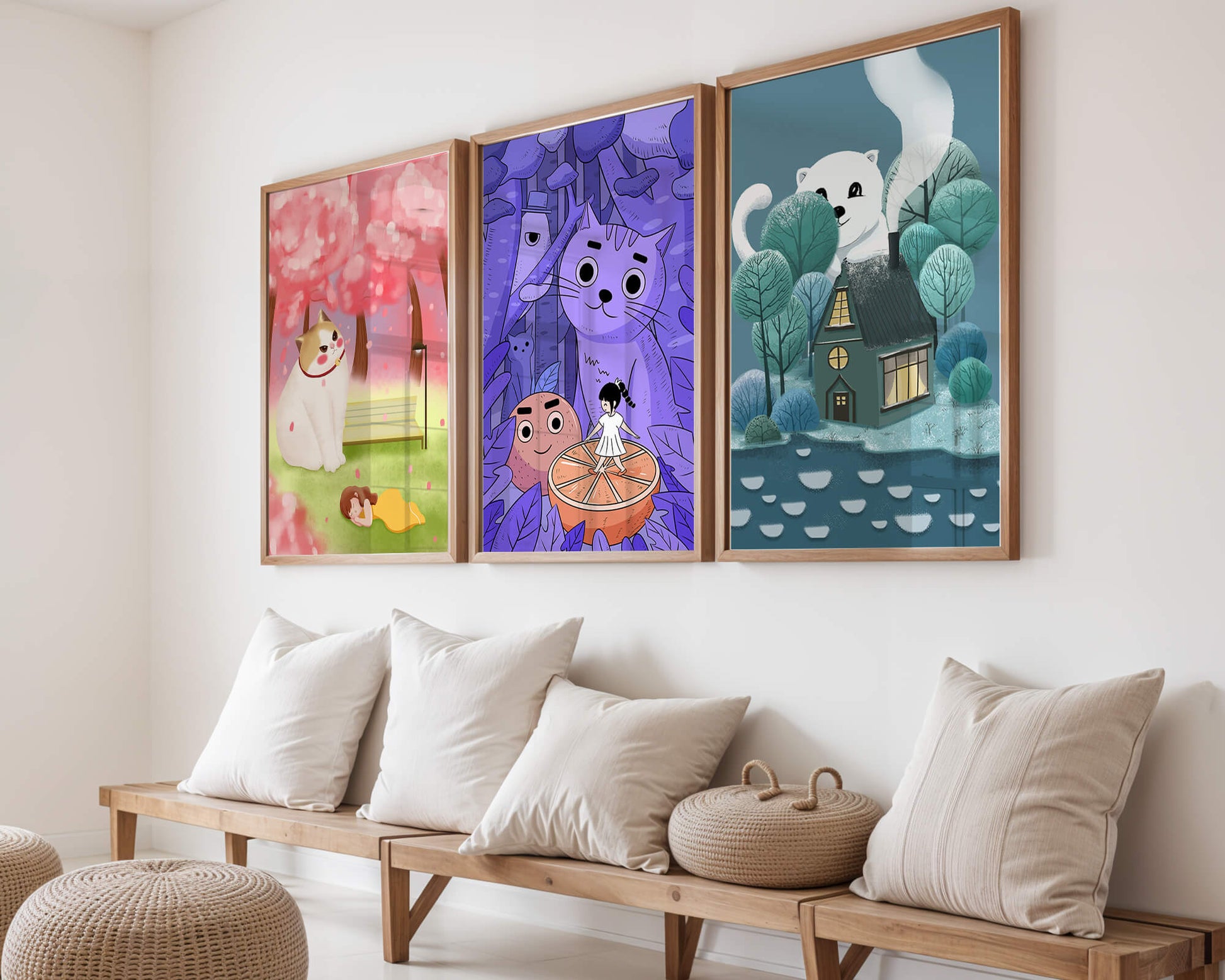 Triptyque d’illustrations de chats dans des paysages magiques